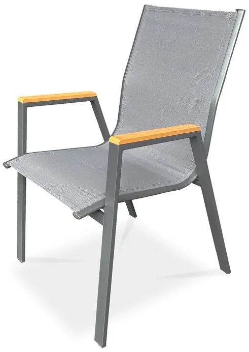 Kerti szék, szürke textilén, szürke fémváz, polywood karfa tölgy dekorral