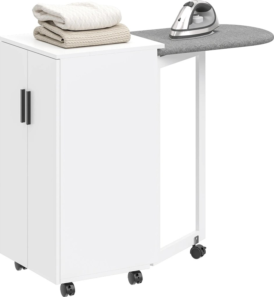 HOMCOM összecsukható vasalódeszka-szekrény 2 ajtóval és állítható polccal — lehajtható vasalóállomás tárolóval, puha záródású zsanérok, kerekek, fehér