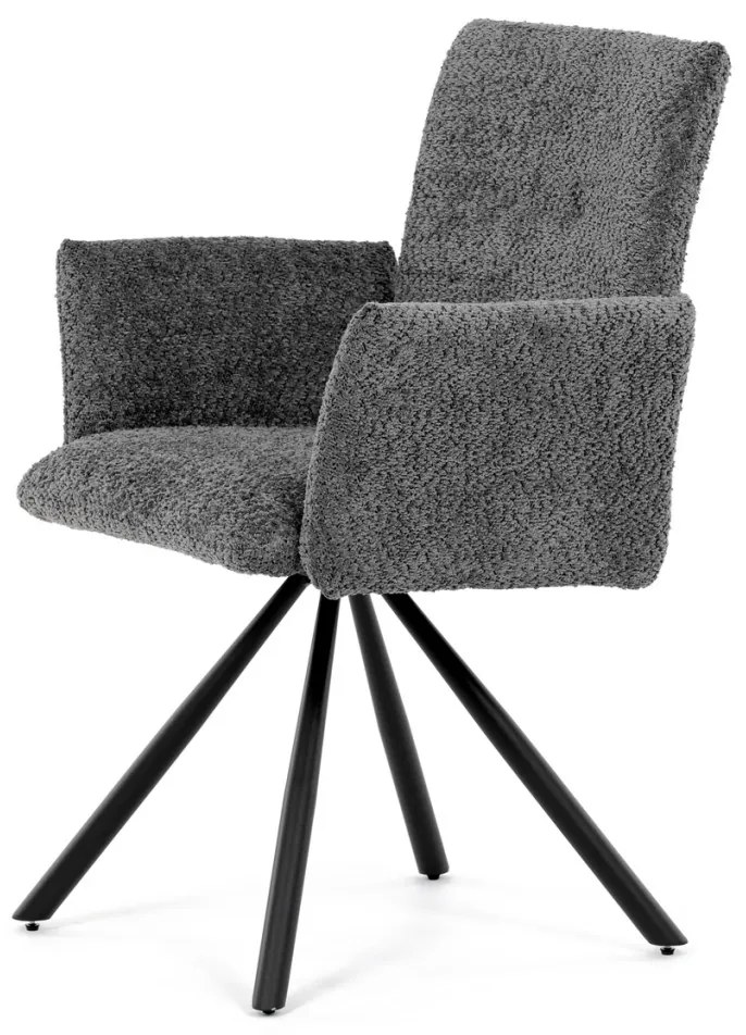 Scaun de sufragerie pivotant / Fotoliu de sufragerie, țesătură gri, picioare din metal negru, mecanism rotativ 90°/90° (stânga/dreapta) - funcție de resetare