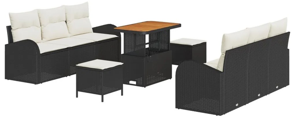 9 darabos kerti kanapé szett párnákkal, fekete, poli rattan, akác, 2 személyes kerti kanapé párnákkal, fekete poli rattan, 3 darabos kerti étkező szett párnákkal, fekete poli rattan, akác