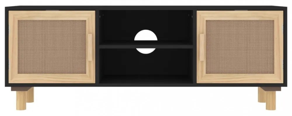 fekete fenyőfa és természetes rattan TV-szekrény 105x30x40 cm