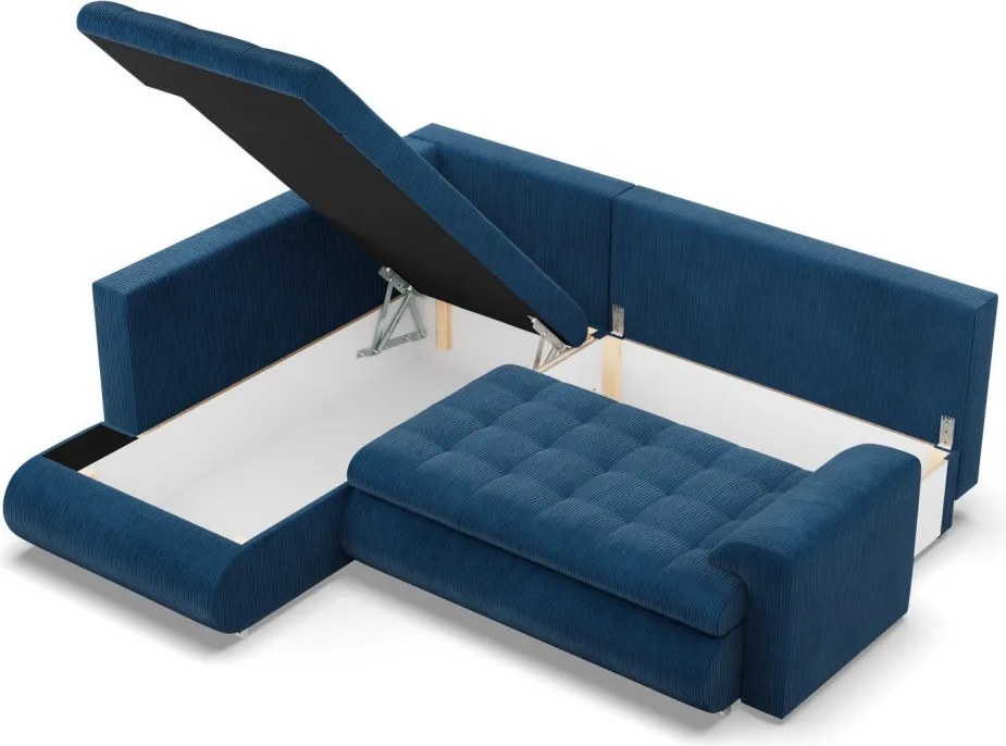 Tokio sarokkanapé, L alakú háttámlával, 2 ágyneműtartóval, kordbársony, baloldali, kék