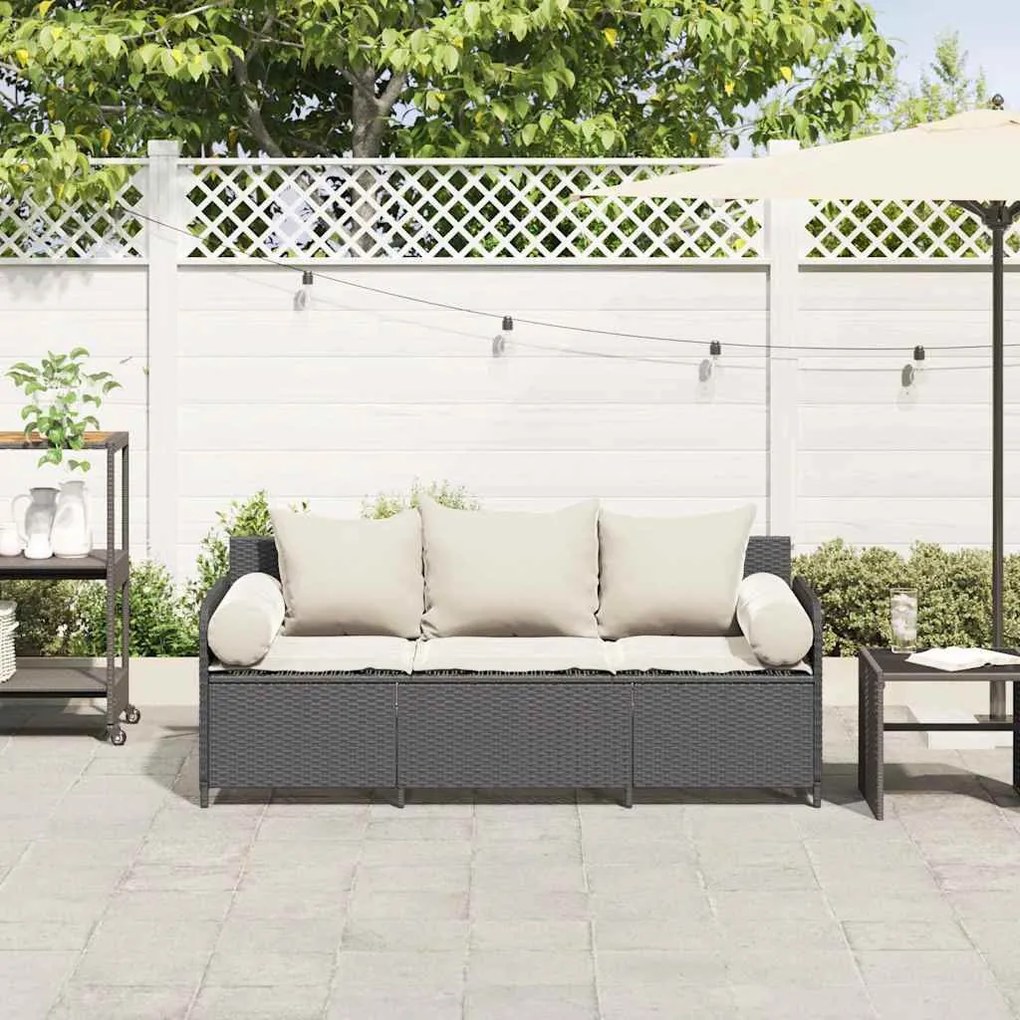 Fekete 3 személyes polyrattan kerti kanapé párnákkal