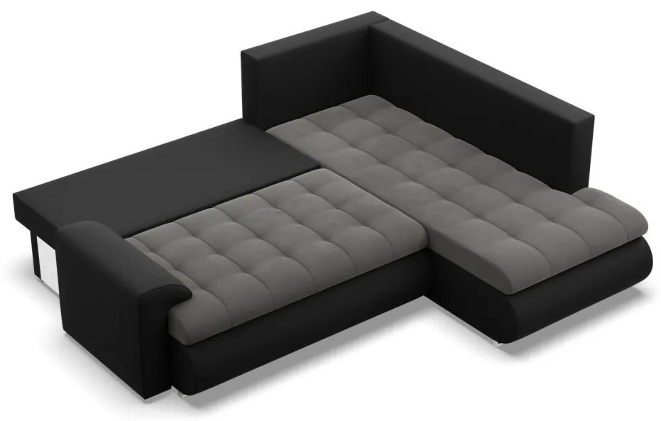 Tokio sarokkanapé, L alakú háttámlával, 2 ágyneműtartóval, bársony + műbőr, jobboldali, szürke - fekete