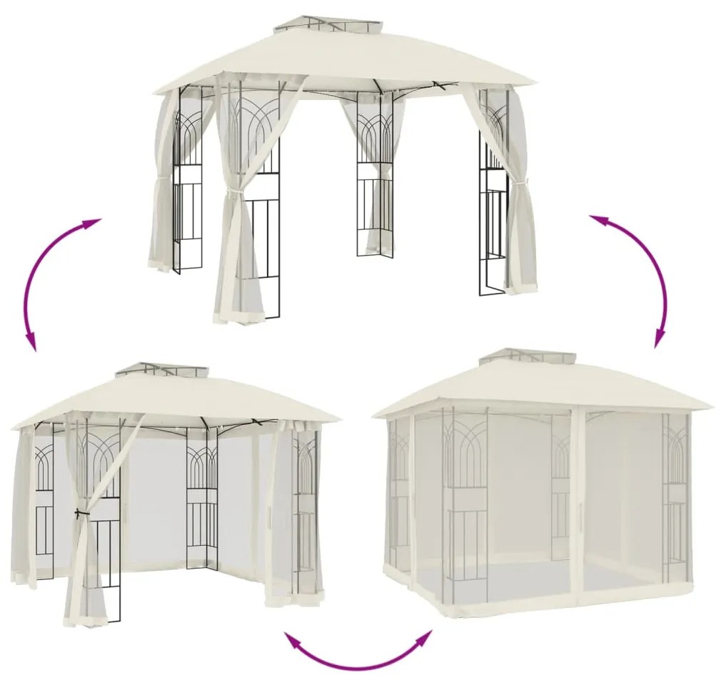 krémszínű acél dupla tetős pavilon hálós falakkal 2,94 x 2,94 m