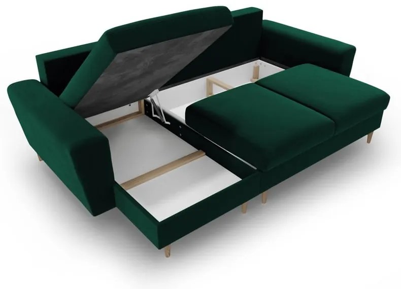 Zöld bársony kinyitható tárolóhelyes sarokkanapé Kyoto – Cosmopolitan Design
