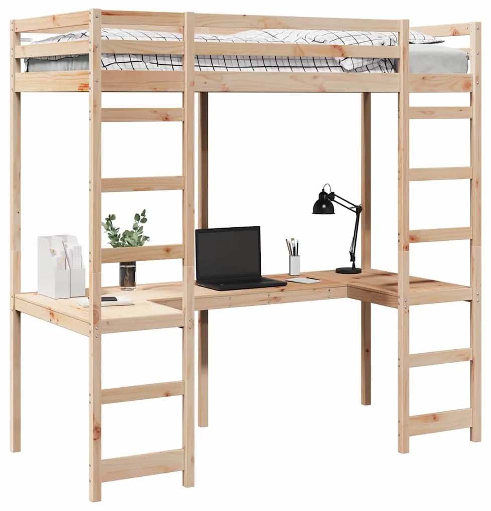 vidaXL Tetőtéri ágykeret Természetes 90 x 200 cm Tömör fenyőfa