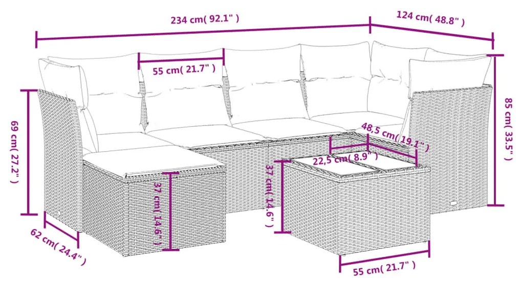 7 részes fekete polyrattan kerti ülőgarnitúra párnával