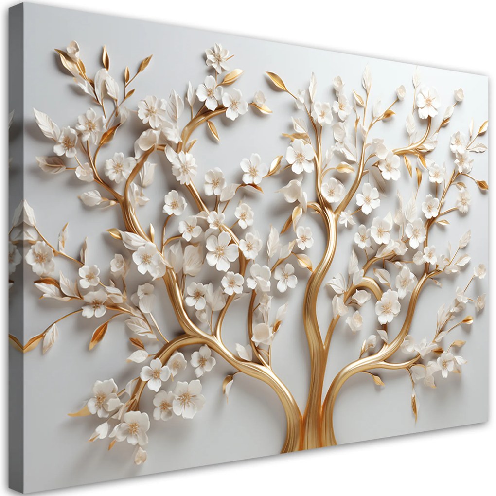 Gario Vászonkép Fehér magnólia virágok arany ágakon Méret: 120 x 80 cm