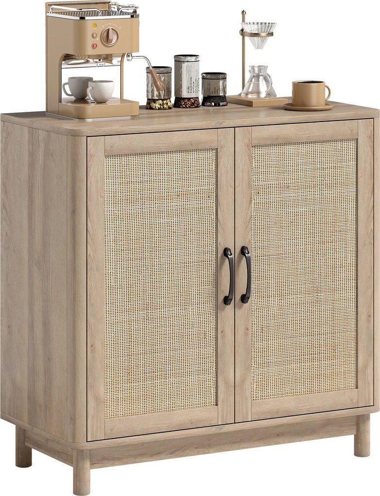 HOMCOM Boho tálalószekrény rattan ajtókkal, állítható polccal és lekerekített élekkel — tölgyfa hatás, 76 x 35 x 75,5 cm | Aosom