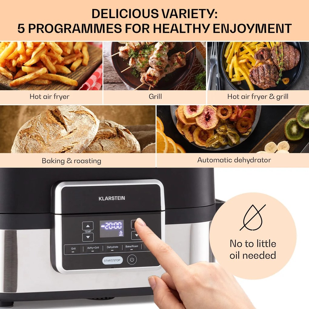 Klarstein Combo Air, forrólevegős fritőz grillel, 1500 W, 4,5 l grillkosár, 2,5 l sütőkosár, 5 program