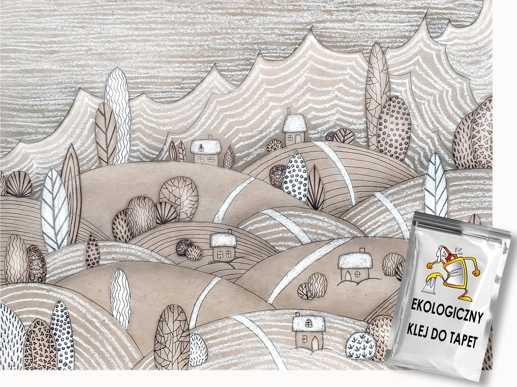 Fotótapéta Flizelina Tájkép Hegyek Házak Bézs Skandináv 300x210 ragasztó