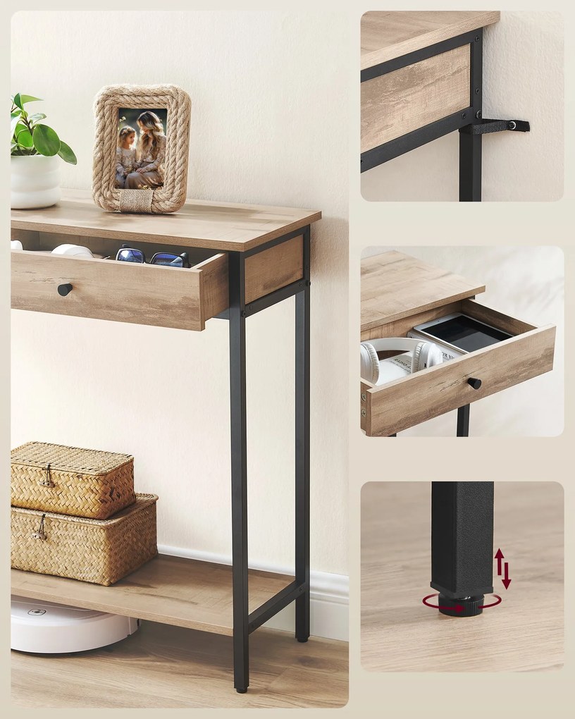 Fémvázas konzolasztal 2 fiókkal, ipari dizájn, tevebarna-fekete színben