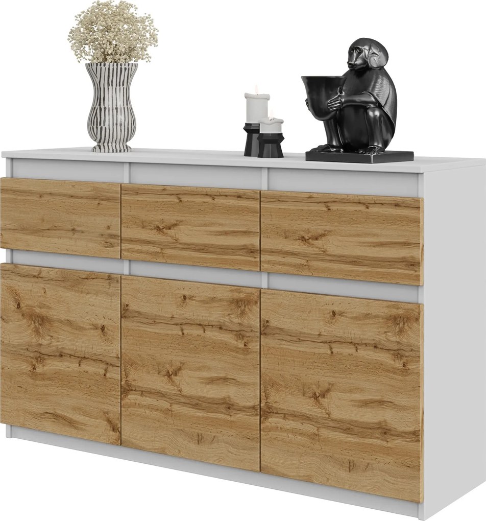 Komód 120 cm Fehér Matt Wotan Tölgy 3 Fiók, 3 Ajtó, 3 Polc Széles