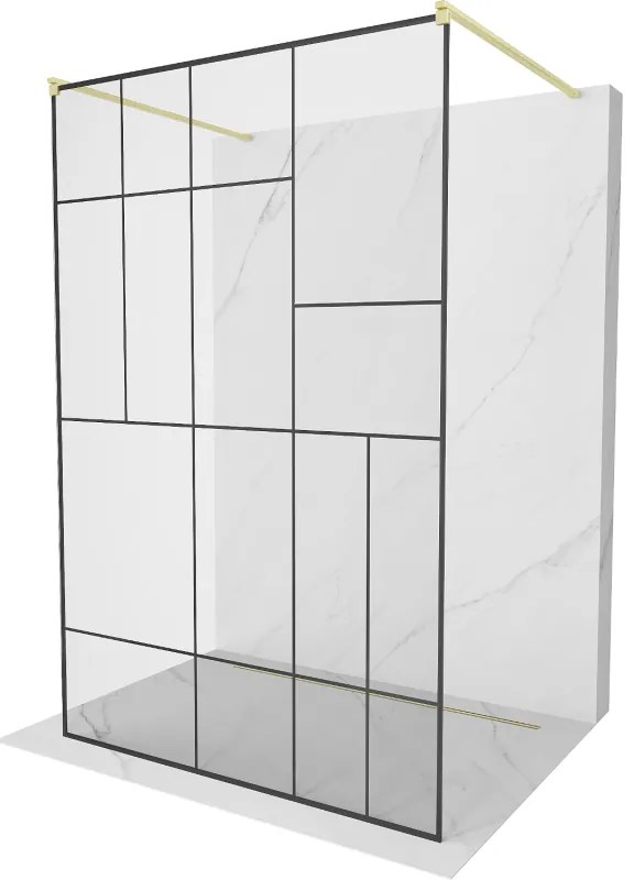 Mexen Kioto, Walk-In zuhany paraván 130 x 200 cm, 8 mm üveg fekete mintás, arany matt profil, 800-130-002-55-78