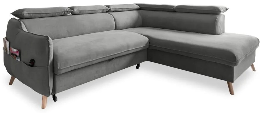 Világosszürke bársony kinyitható sarokkanapé (jobb oldali) Sweet Harmony – Miuform