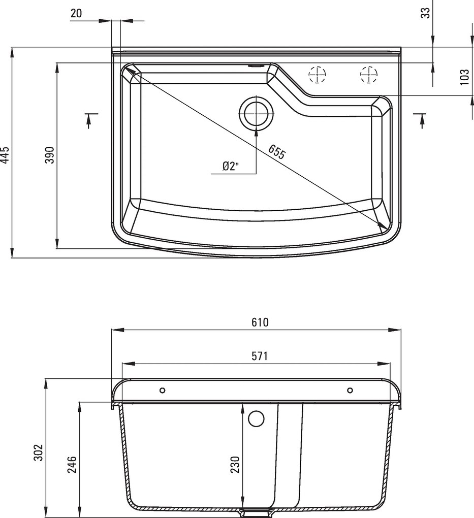 Deante Garden, polipropilén kifolyó 610x445x302 mm B/O, 2" + szifon, 1kamrás, szürke, ZYT_310B