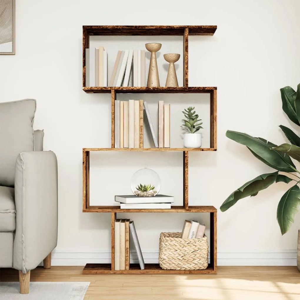 4 szintes antik fa színű fa elválasztó könyvespolc 70x24x129 cm