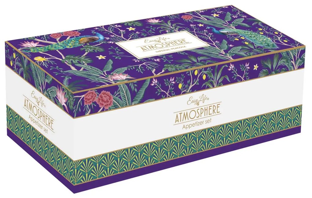 Páva mintás porcelán kínálótál tálka 4 db-os szett bambusztálcán Imperial Peacock Coffee Mania