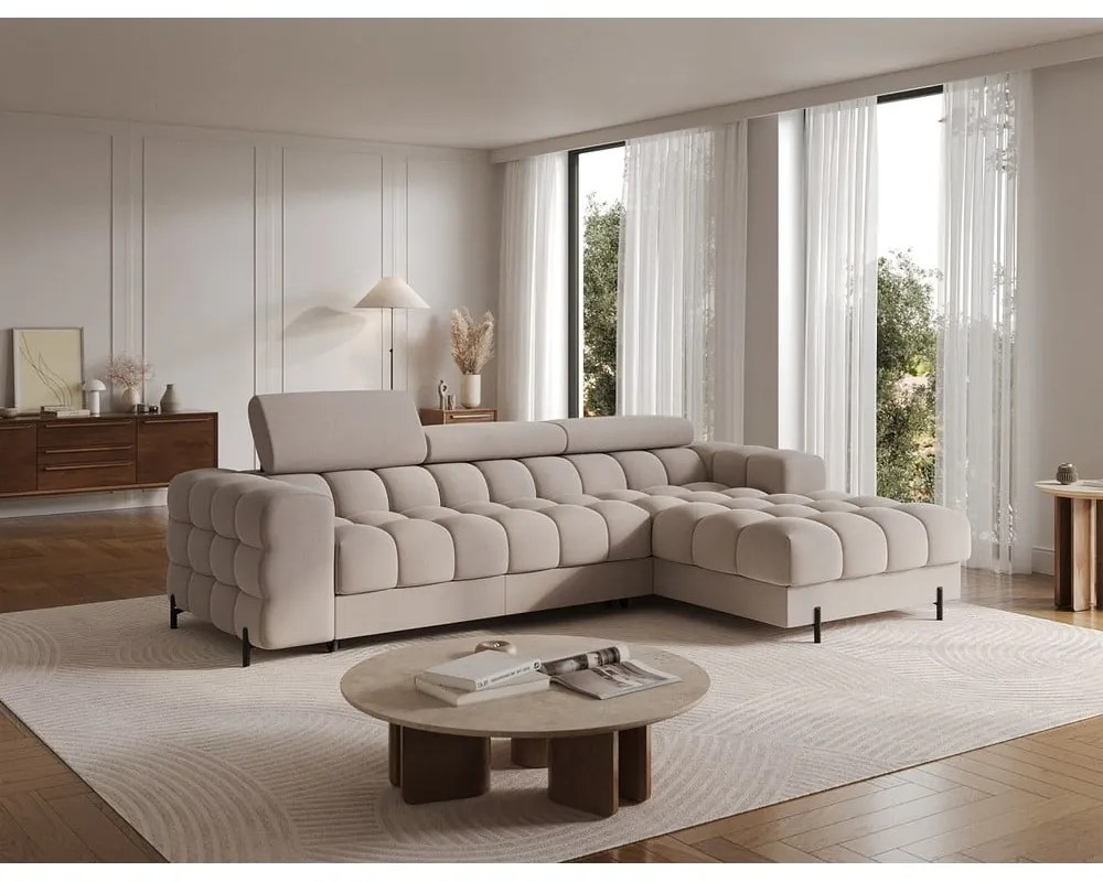 Bézs bársony kinyitható-tárolóhelyes sarokkanapé (jobb oldali-heverő résszel) Felro – ELTAP