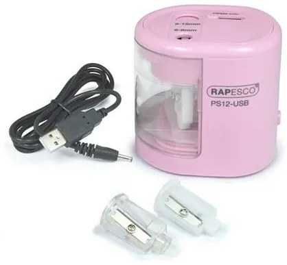 Hegyező, kétlyukú, asztali, elemes, USB töltővel, RAPESCOPS12-USB, világos rózsaszín (IR1446)