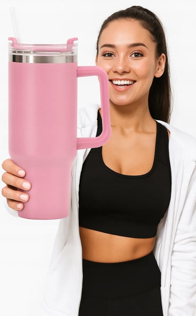 1200 ml-es termo bögre fogantyúval és szívószállal rózsaszín Nagy Kapacitás