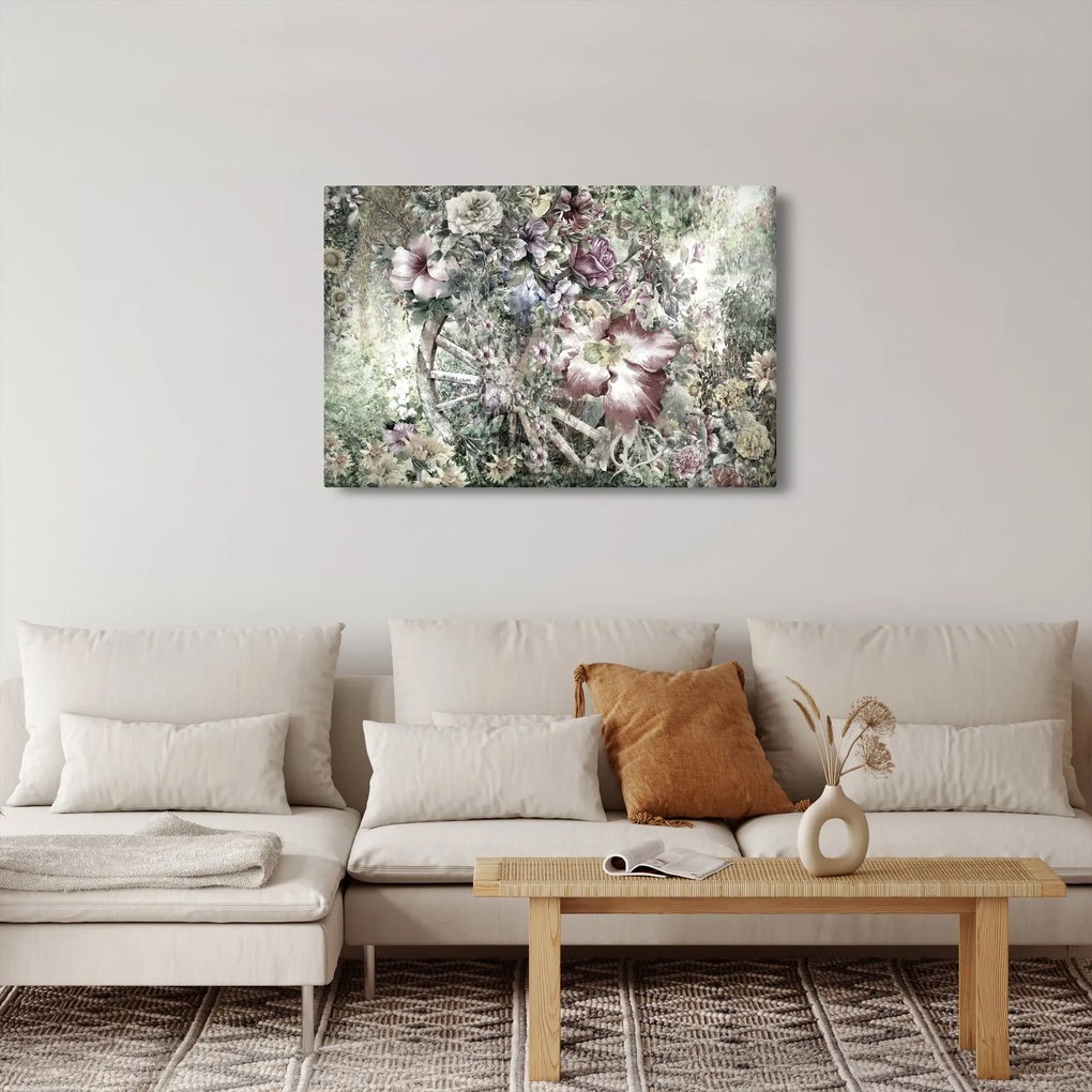 Virágok képe egy fából készült kerékpáron (90x60 cm)