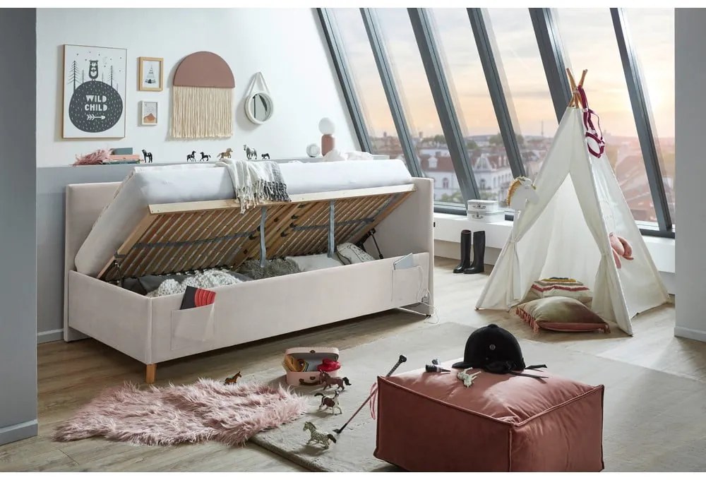 Bézs kárpitozott ágyneműtartós sarok gyerekágy ágyráccsal 140x200 cm Cool – Meise Möbel