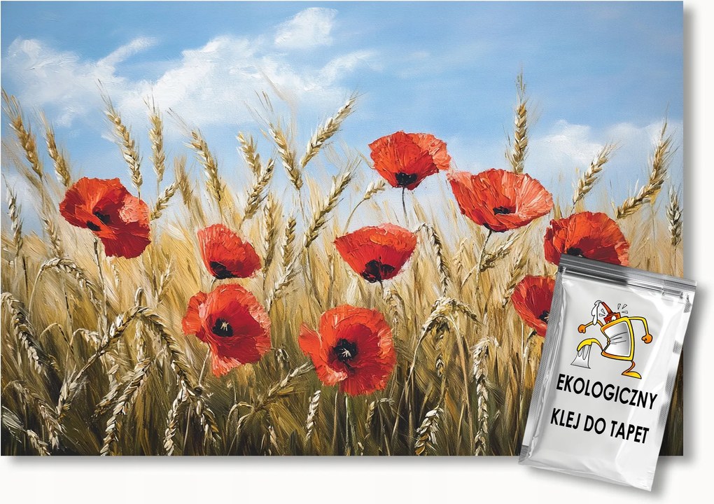 Fotótapéta Flizelina Nyár Falu Mező Gabona Kalászok Pipacsok Virágok 300x210 ragasztó