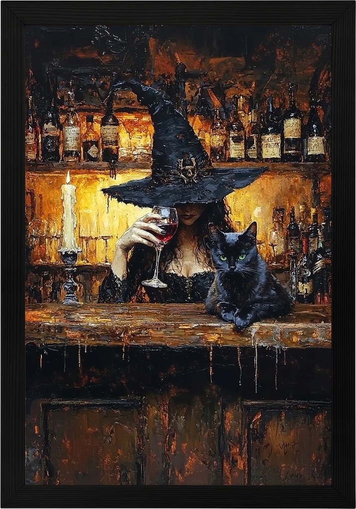 Poszter Keret Fa Portré Boszorkány Macska Bár Bor 40x60