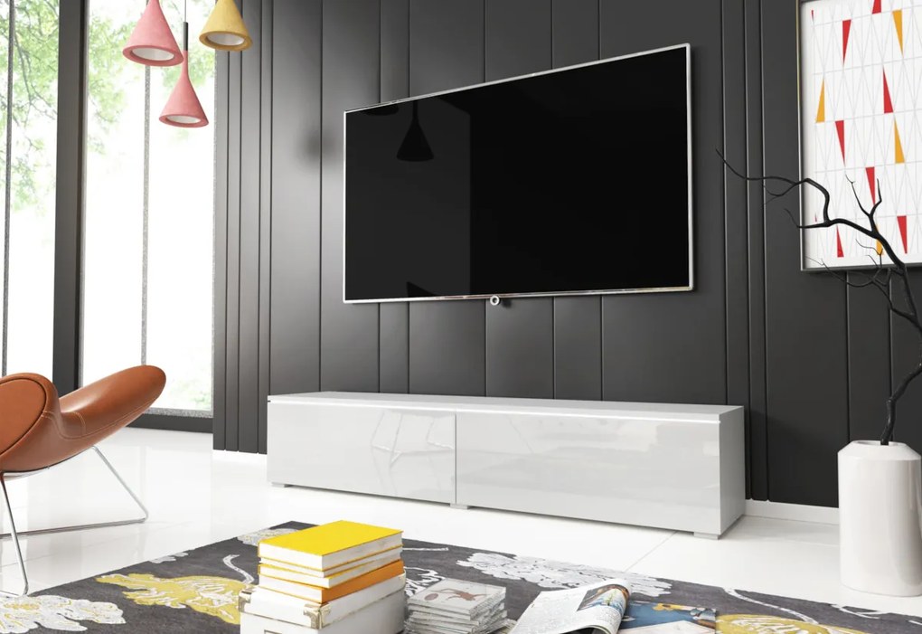 MENDES D 140 TV asztal, 140x30x32, fehér/fehér fényes