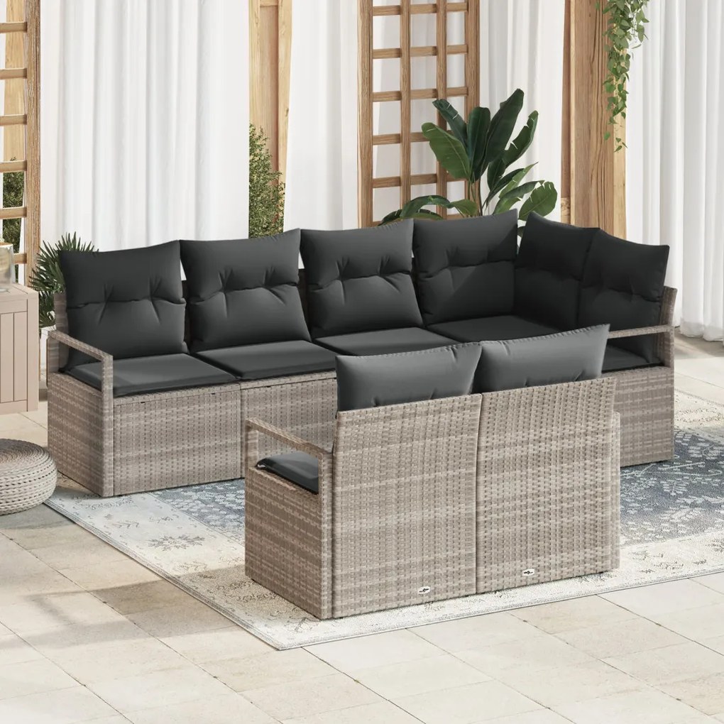 7 darabos kertkanapé szett párnákkal Világosszürke Poli Rattan, 2 fős kertkanapé tárolóval és párnákkal Szürke Poli Rattan