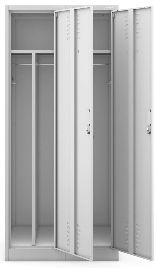 Pléh öltözőszekrény talpazaton, kétmodulos, polccal és köztes fallal KACPER, 800 x 1800 x 500 mm, szürke