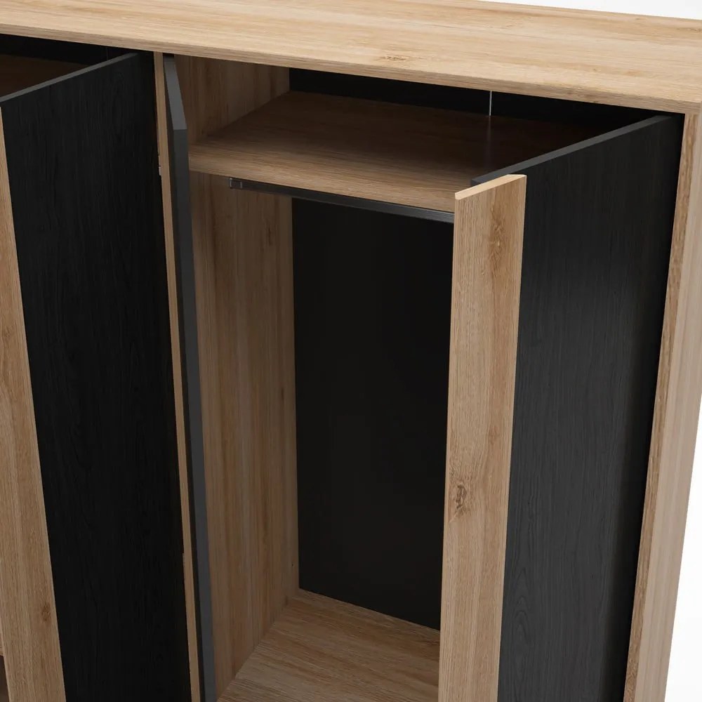 Fekete-natúr színű ruhásszekrény tölgyfa dekorral 180x197,5x53 cm Dennis – Marckeric