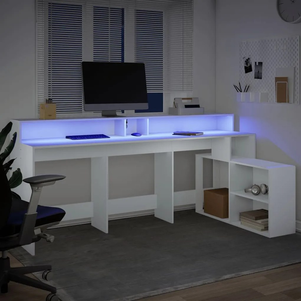 fehér szerelt fa íróasztal LED-világítással 200 x 104 x 91 cm