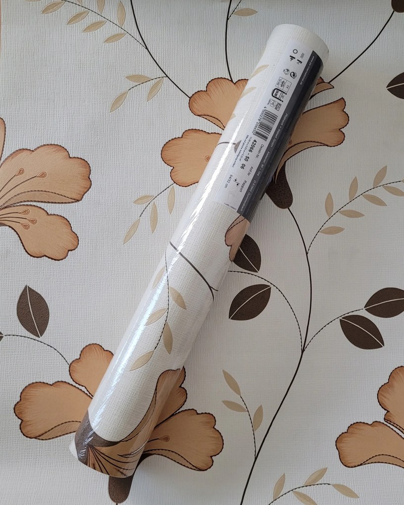 Barna-arany virágok krémszínű háttérrel tapéta, 42066-50