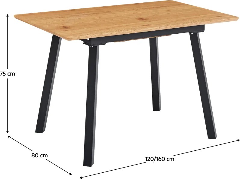 Kihúzható étkezőasztal, 120-160x80 cm, tölgy/fekete, DIRAN