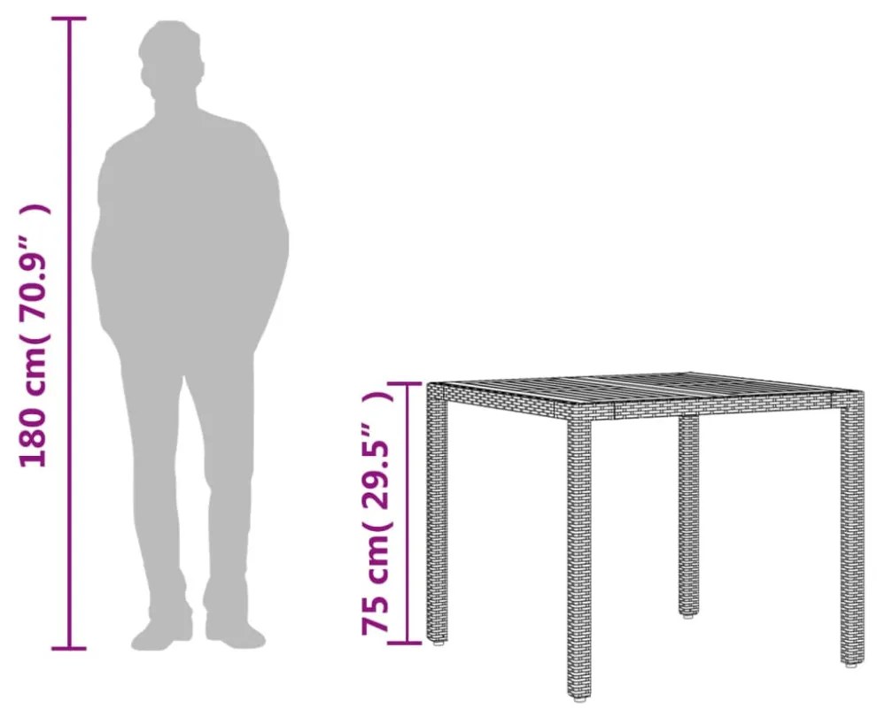 fekete polyrattan kerti asztal akácfa lappal 90 x 90 x 75 cm