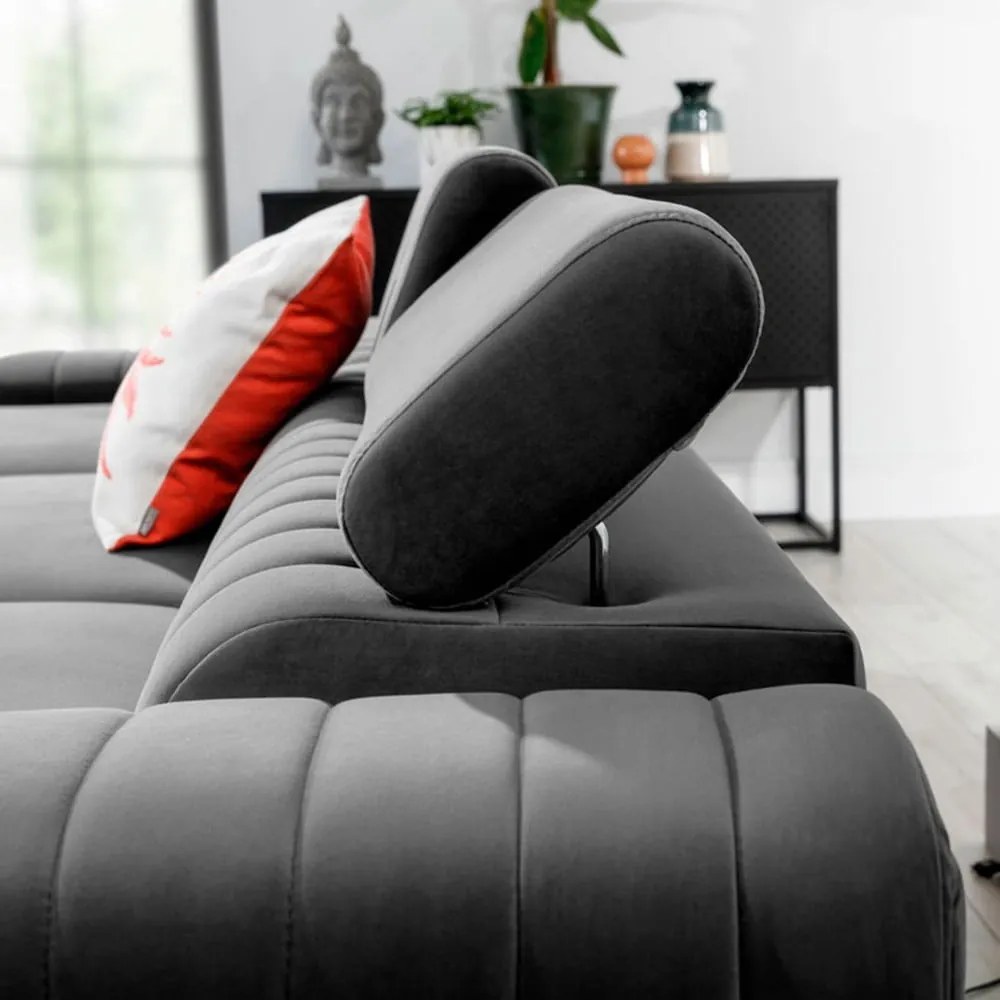 Szürke bársony kinyitható-tárolóhelyes sarokkanapé (bal oldali-heverő résszel) Grayson – ELTAP