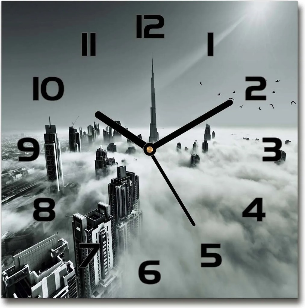 Négyzet alakú üveg falióra Köd Dubai felett 30x30 cm