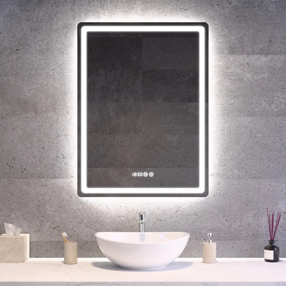 Tükör LED világítással 60x80cm | Páramentesítő funkció | Beépített óra | Fényerő és színhőmérséklet szabályozás | Welland Type-2V