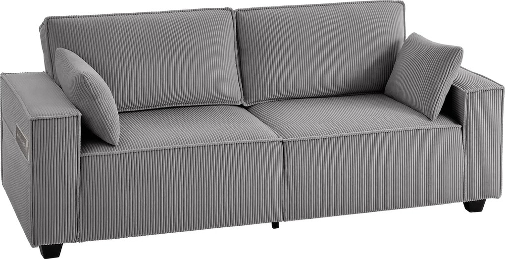 HOMCOM 3 személyes kanapé, 218 cm széles, széles karfákkal, 2 párnával, kényelmes kordbársony ülőgarnitúra, párnázott kárpitozás, világosszürke | Aoso