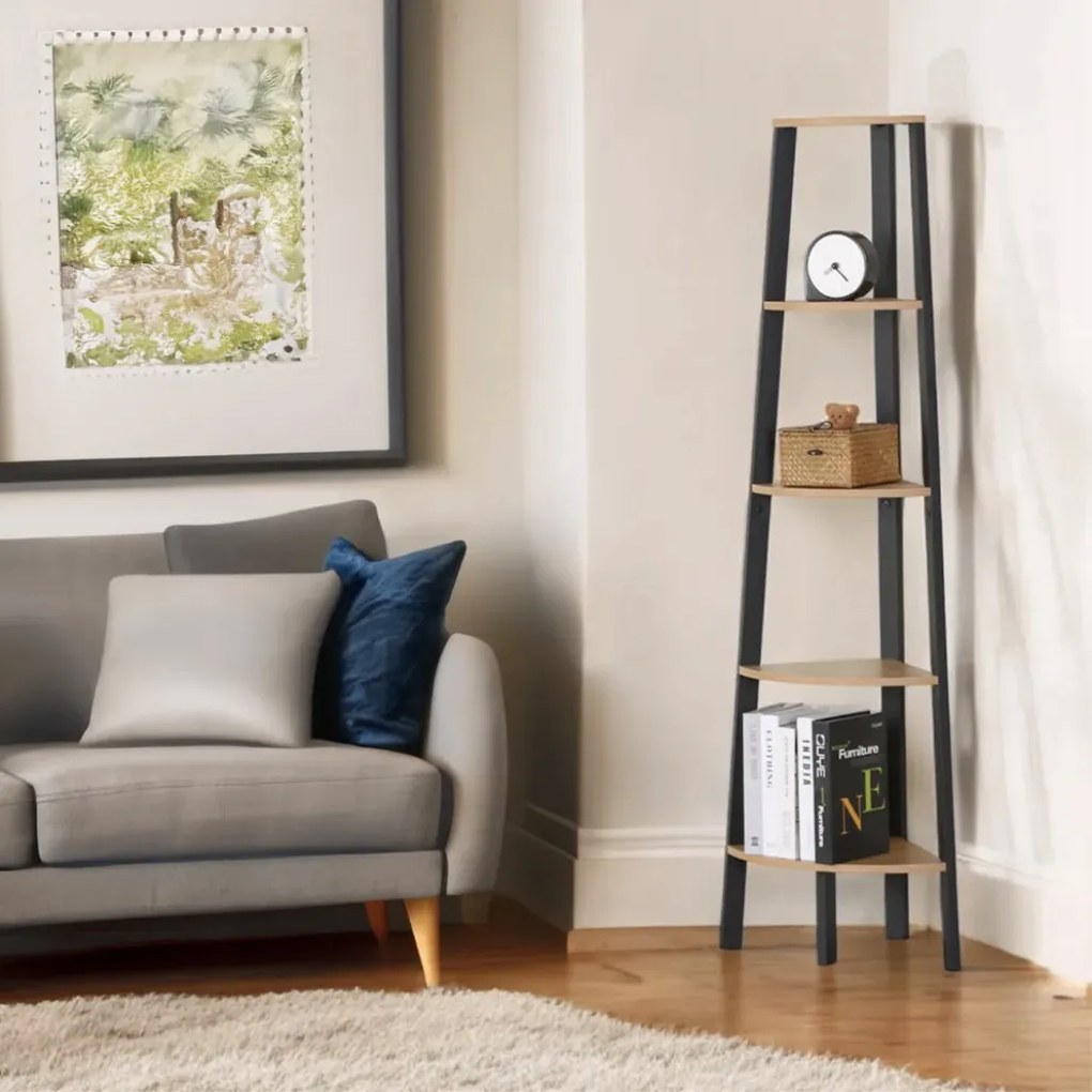 Intenso Home 5 szintes sarokpolc / könyvespolc / virágtartó állvány 37 x 160cm, modern tölgy szín | Döntött design fém lábakkal