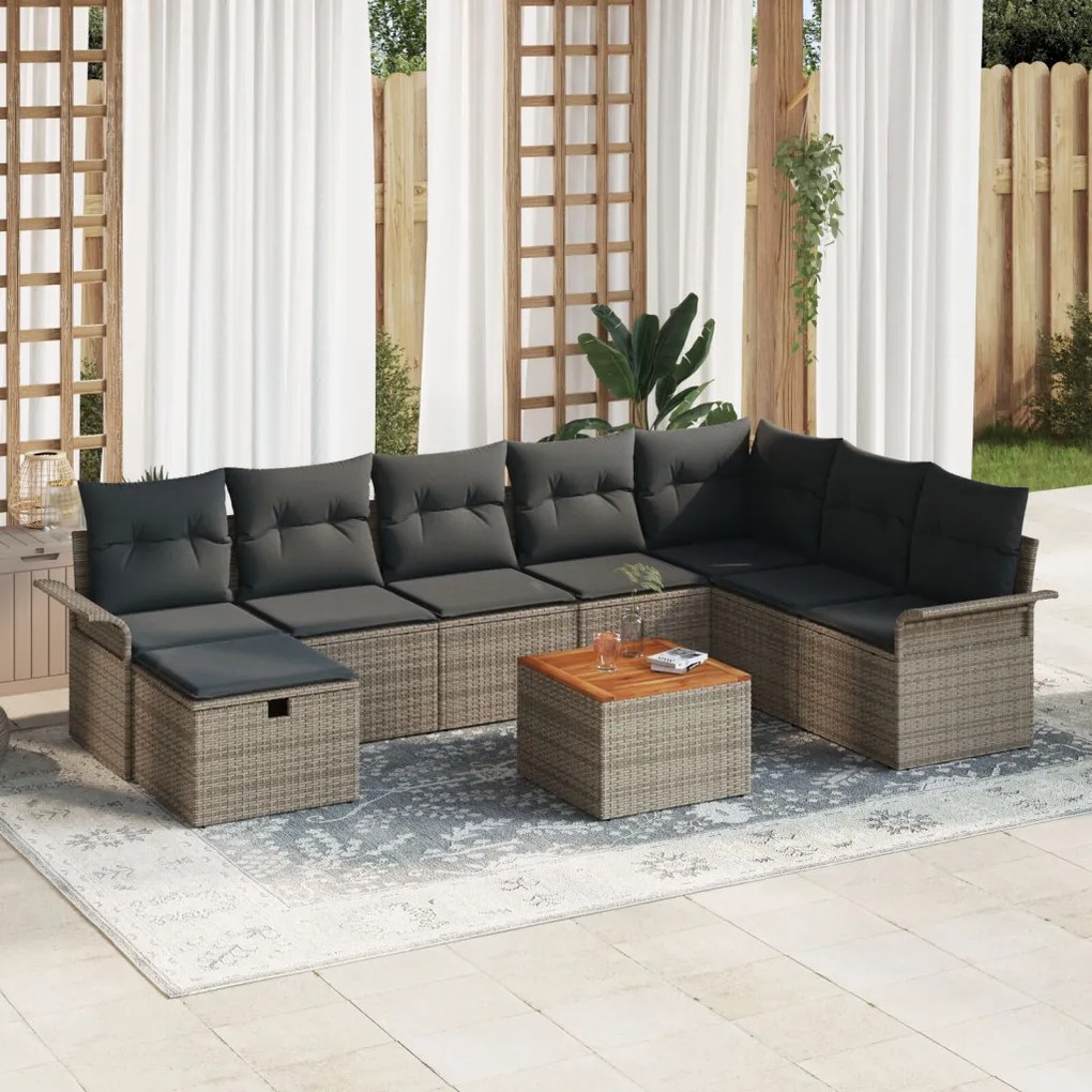9 Darabos Kerti Sofa Szett Párnákkal Szürke Poli Rattan