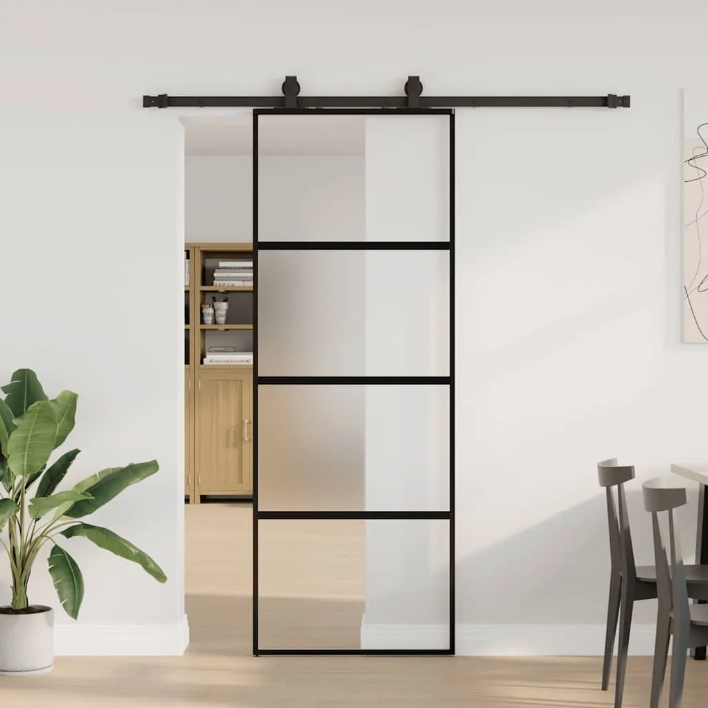 Fekete edzett üveg tolóajtó fémszerelék szettel 76x205 cm