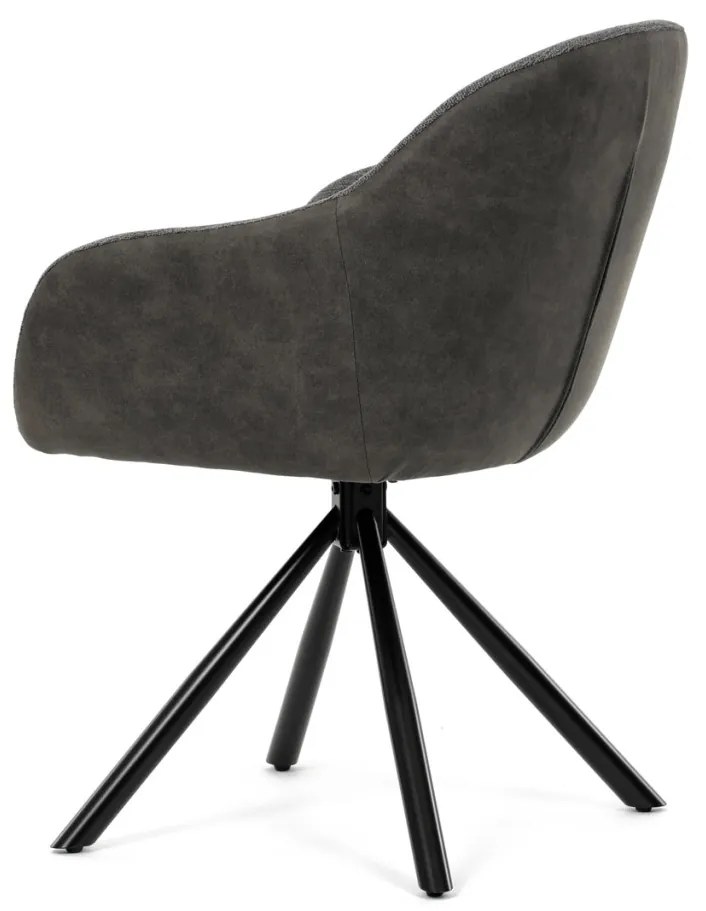 Scaun de sufragerie pivotant, țesătură gri și țesătură gri închis, cu decor vintage din piele, metal negru, mecanism de retragere rotativ P90°+ L90°.