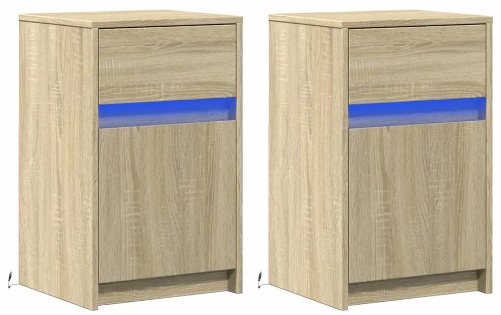 2 db sonoma tölgy színű szerelt fa éjjeliszekrény LED-fényekkel