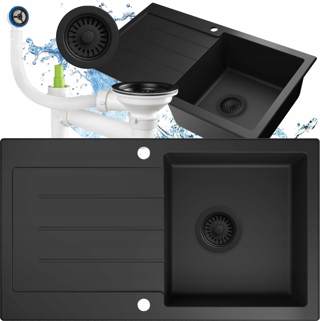 Fekete gránit mosogató egy medencével, csepegtetővel, beépíthető szifon