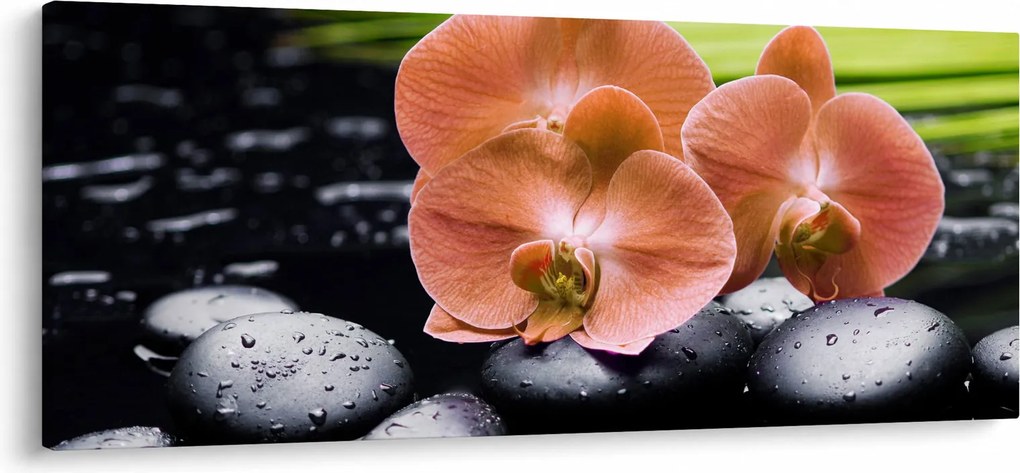 Kép - Narancssárga orchidea pálmalevelekkel (120x50 cm)