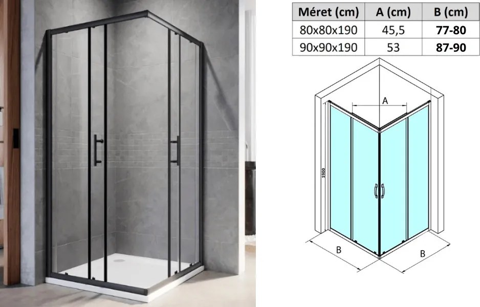 Stuxi Delhi Black X 90x90 cm szögletes két tolóajtós zuhanykabin 6 mm vízlepergető biztonsági üveggel, fekete keretes, 190 cm magas